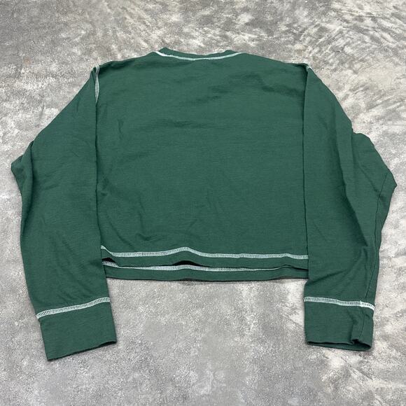 Wild Fable Long Sleeve Cropped Loose Relaxed Fix Green Shirt White Stitching - Picture 6 of 8
